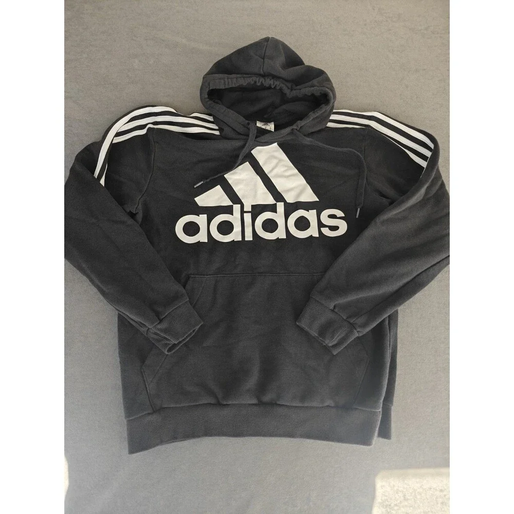 Adidas Hoodie Black Logo Pullover Sweatshirt Men's Medium 3 Stripe